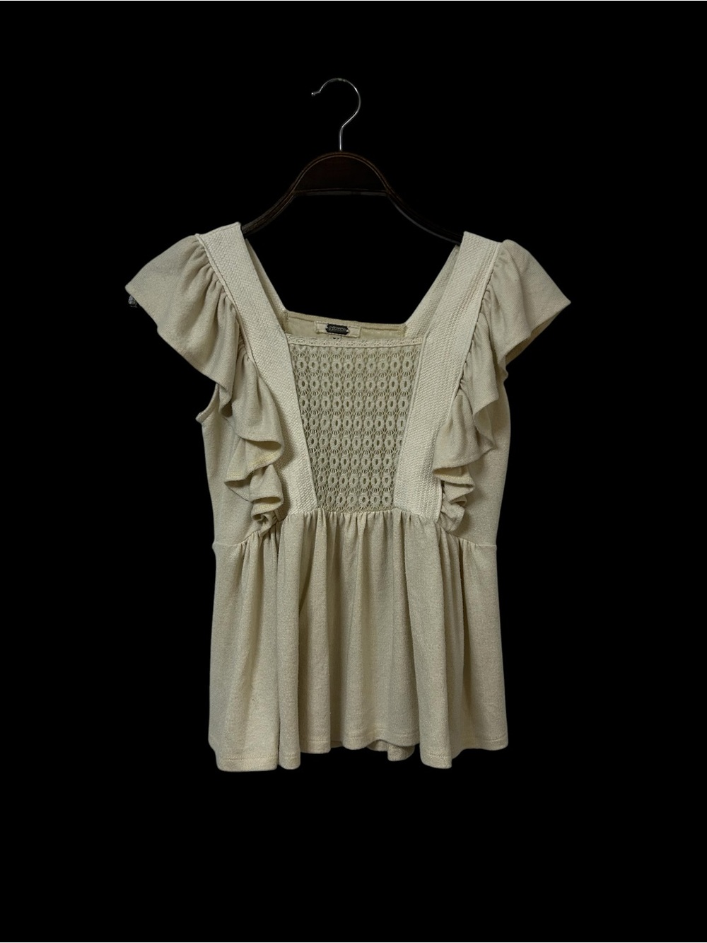 gimmicks by BKE Cream Ruffle Crochet Peplum Top